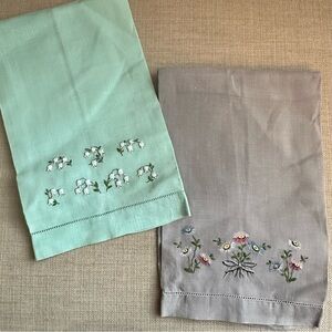 Vintage Hand Embroidered Tea Kitchen Towels Set Of 2 Florals Pastel Linen Blue